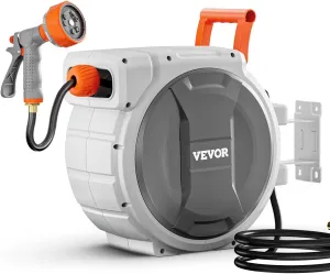 VEVOR Retractable Garden Hose Reel, 1/2 Inch x 145 ft Wall Mounted Hose Reel, Heavy Duty Garden Hose Reel with 9 Patterns Nozzle, Any Length Lock, Upgraded Slow Return System and 180°Swivel Bracket