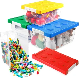 Vicenpal 4 Pack Toy Storage Containers with Lids Brick Shaped Kids Toy Organizer Box Plastic Clear Stackable Bin Chest for Building Block Dolls(Large, X-Large,Red, Yellow, Blue, Green)