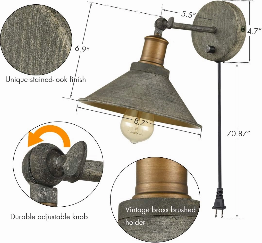 Vintage Farmhouse Wall Sconces Hardwired or Plug-in Bedroom Bath Wall Lamps Set of 2 with on/Off Switch