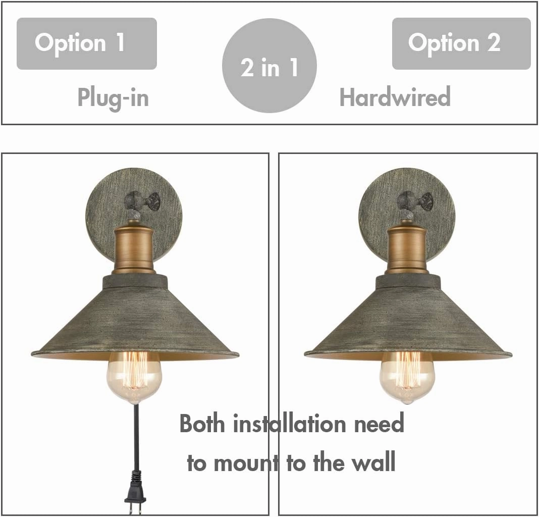 Vintage Farmhouse Wall Sconces Hardwired or Plug-in Bedroom Bath Wall Lamps Set of 2 with on/Off Switch