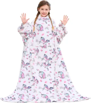 Viviland Wearable Fleece Blanket For Kids with Sleeves & Foot Pocket for kids Snuggie Lightweight Soft Blanket for Girls Hook & Loop 47" x 47" Inches (White Unicorn)