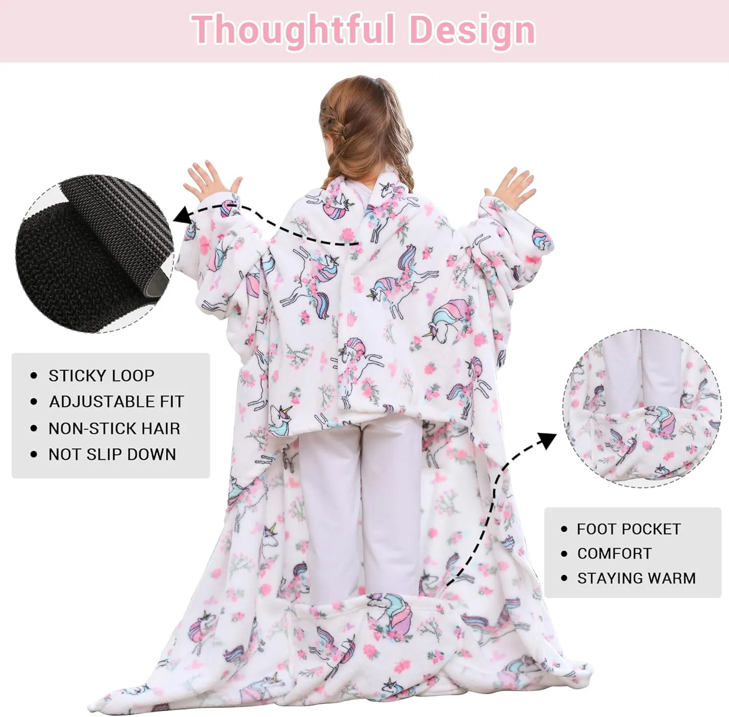 Viviland Wearable Fleece Blanket For Kids with Sleeves & Foot Pocket for kids Snuggie Lightweight Soft Blanket for Girls Hook & Loop 47" x 47" Inches (White Unicorn)