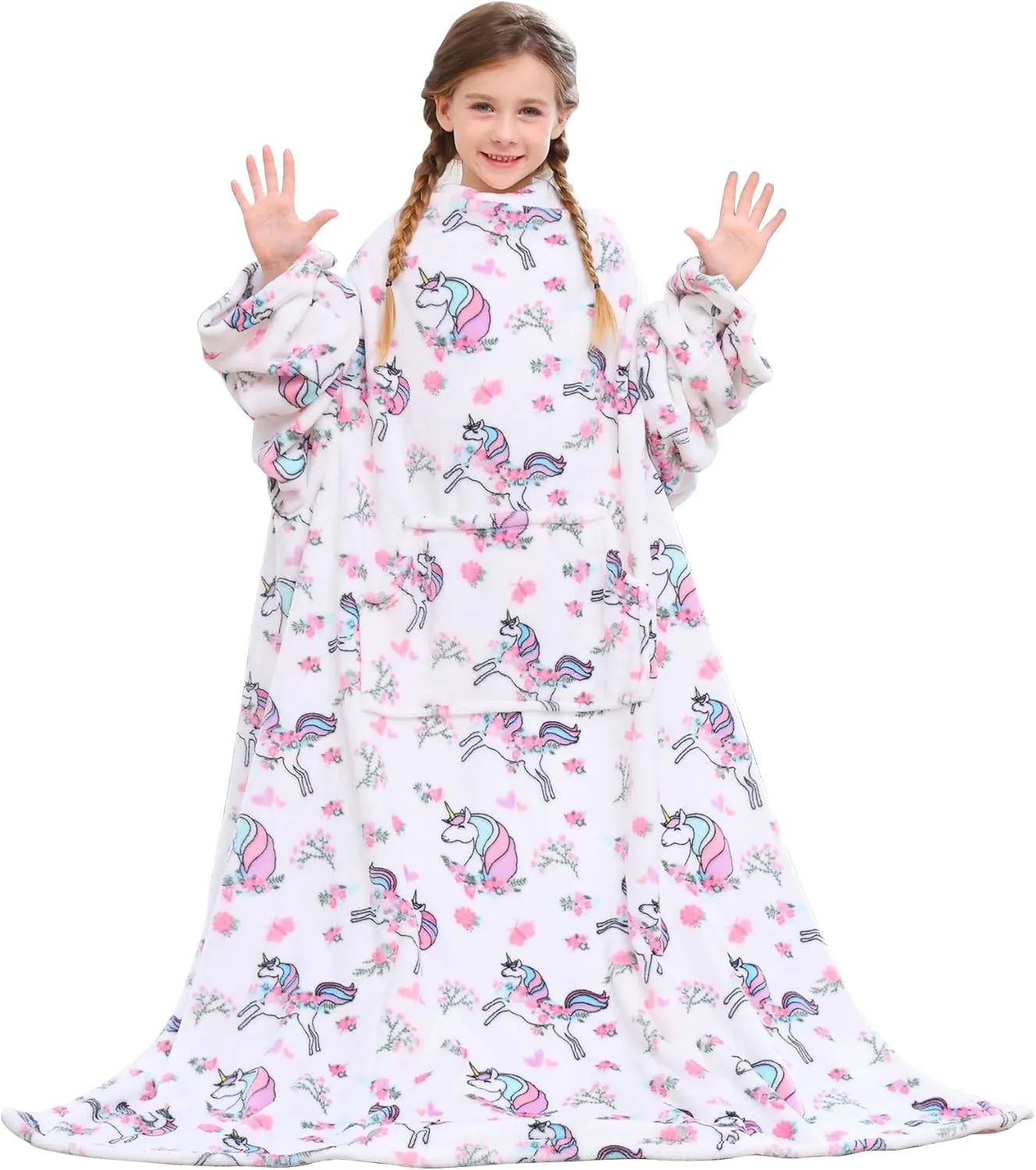 Viviland Wearable Fleece Blanket For Kids with Sleeves & Foot Pocket for kids Snuggie Lightweight Soft Blanket for Girls Hook & Loop 47" x 47" Inches (White Unicorn)