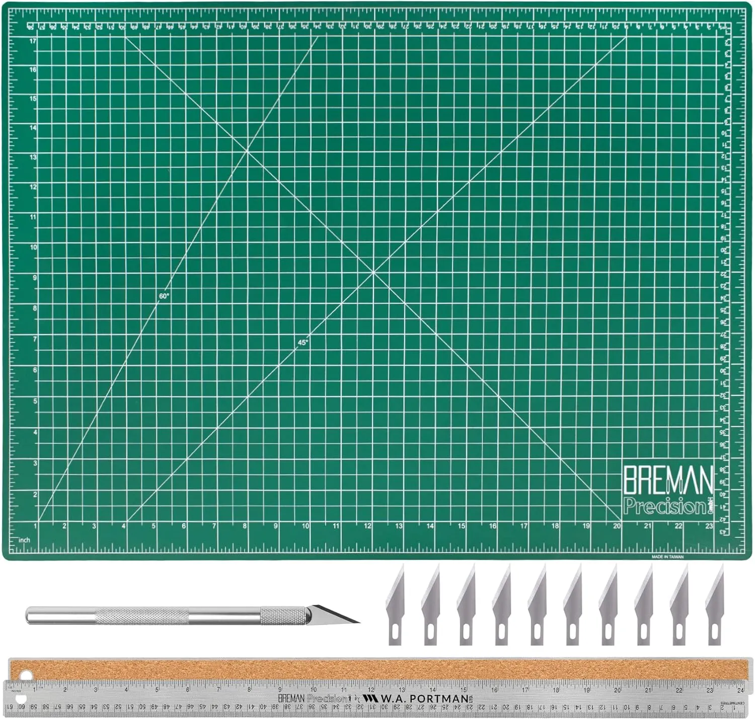 WA Portman Craft Cutting Mat Metal Ruler & Craft Knife Set - 18x24 Inch Self Healing Cutting Mat - Hobby Knife Set - 10 Crafting Blades - 24 Inch Cork-Backed Ruler