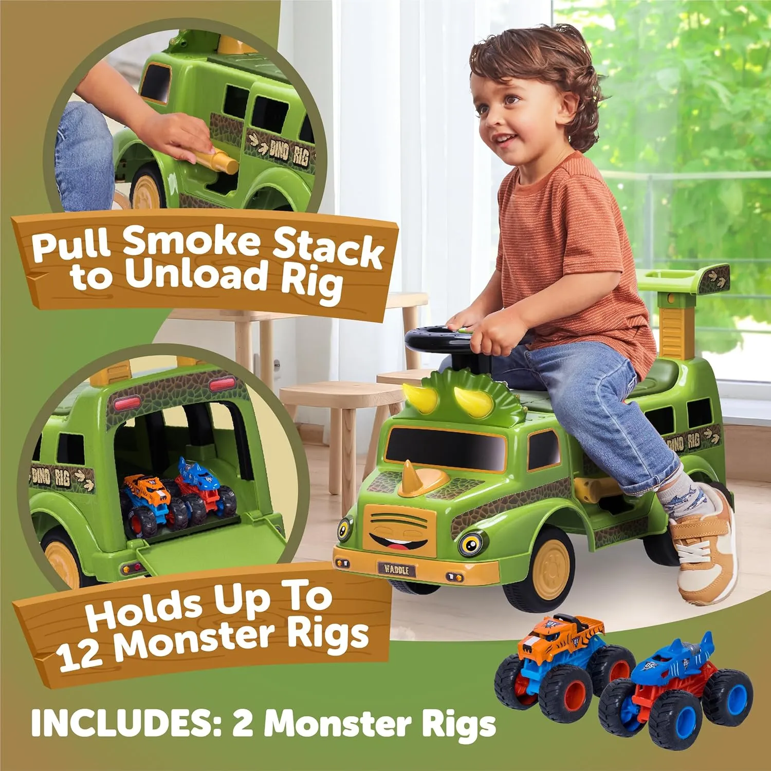 WADDLE Dinosaur Toys for Kids - Ride On Cars for Toddlers 1-3, Dino Rig Transporter Includes 2 Monster Rigs, Lights, Sound, Interactive Kids Toy, Indoor, Outdoor Toddler Toys, Up to 44 lbs