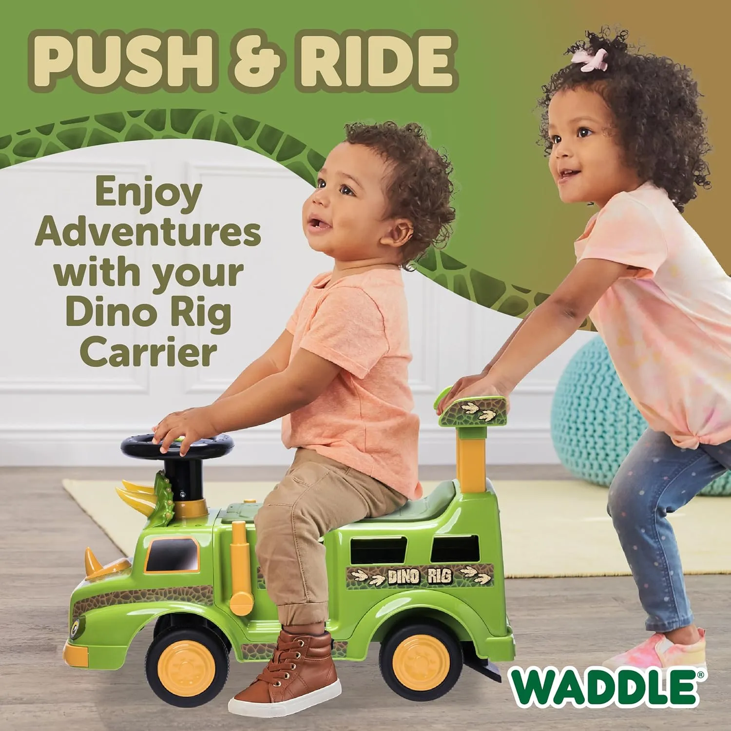 WADDLE Dinosaur Toys for Kids - Ride On Cars for Toddlers 1-3, Dino Rig Transporter Includes 2 Monster Rigs, Lights, Sound, Interactive Kids Toy, Indoor, Outdoor Toddler Toys, Up to 44 lbs