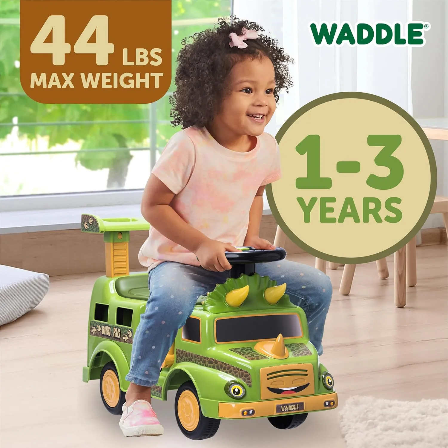 WADDLE Dinosaur Toys for Kids - Ride On Cars for Toddlers 1-3, Dino Rig Transporter Includes 2 Monster Rigs, Lights, Sound, Interactive Kids Toy, Indoor, Outdoor Toddler Toys, Up to 44 lbs