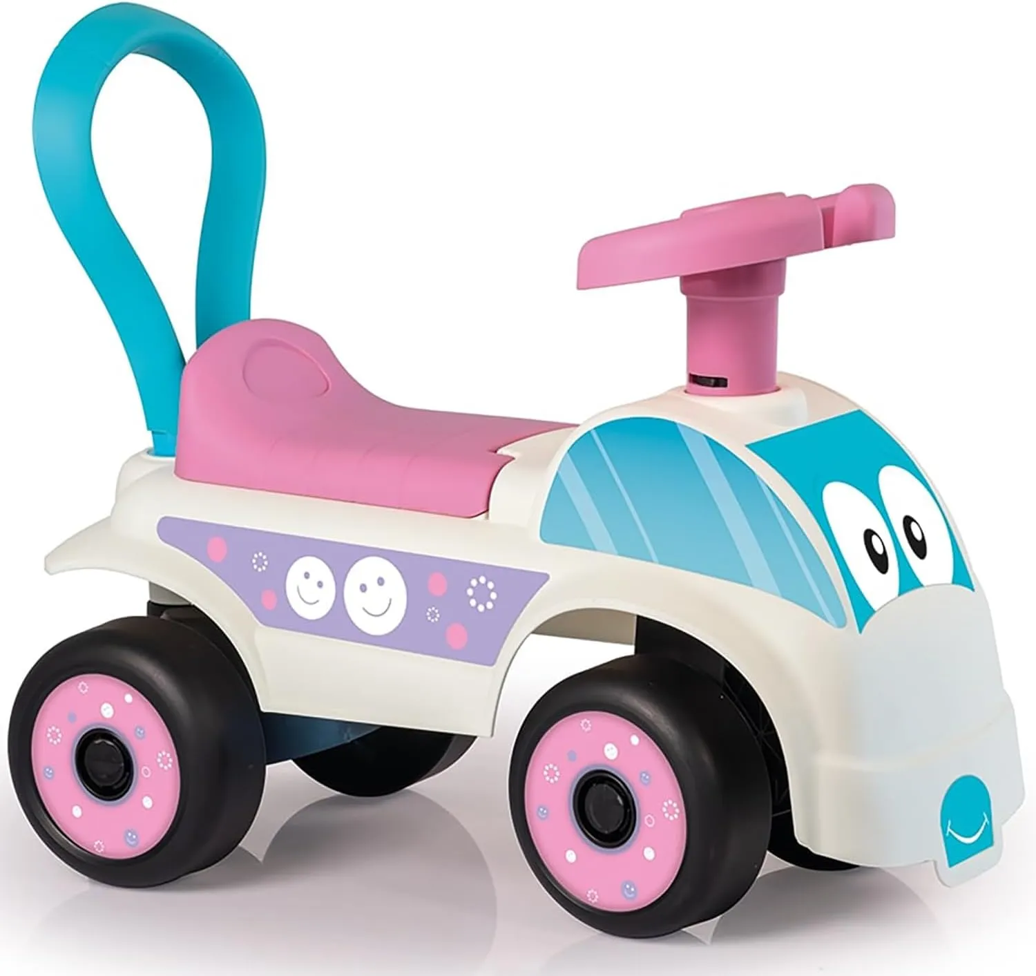 Walk & Drive Foot to Floor Car - White & Pink - Ride-On Toy Vehicle, Horn, Storage Seat, Push-Pull Handle, Indoor-Outdoor Play, Toddlers 12mo 