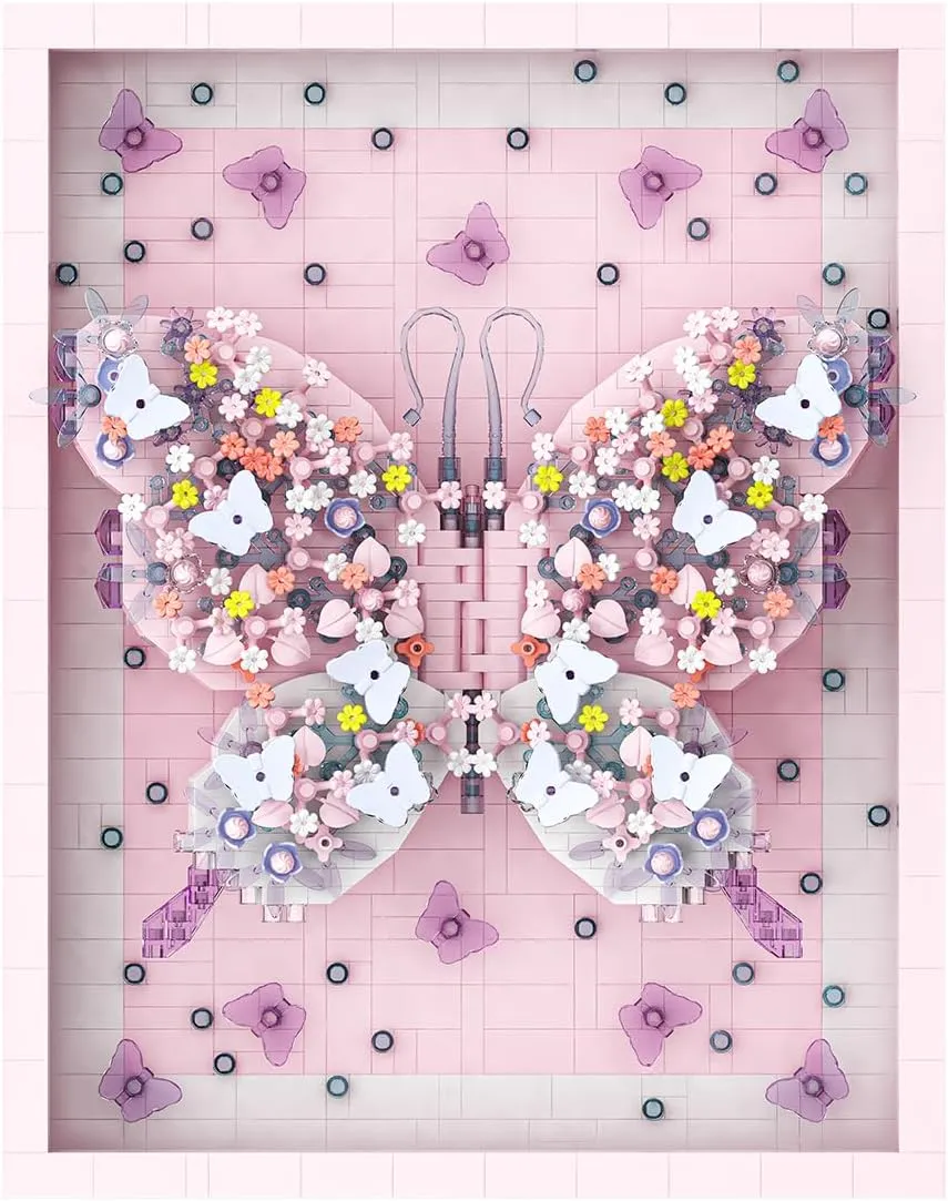 Wall Art Pink Butterfly Flower Building Blocks Set; A Wall Decor Set for Adults Who Love Creative Hobbies(2000  Pieces) Toys Gifts for Kid and Adult