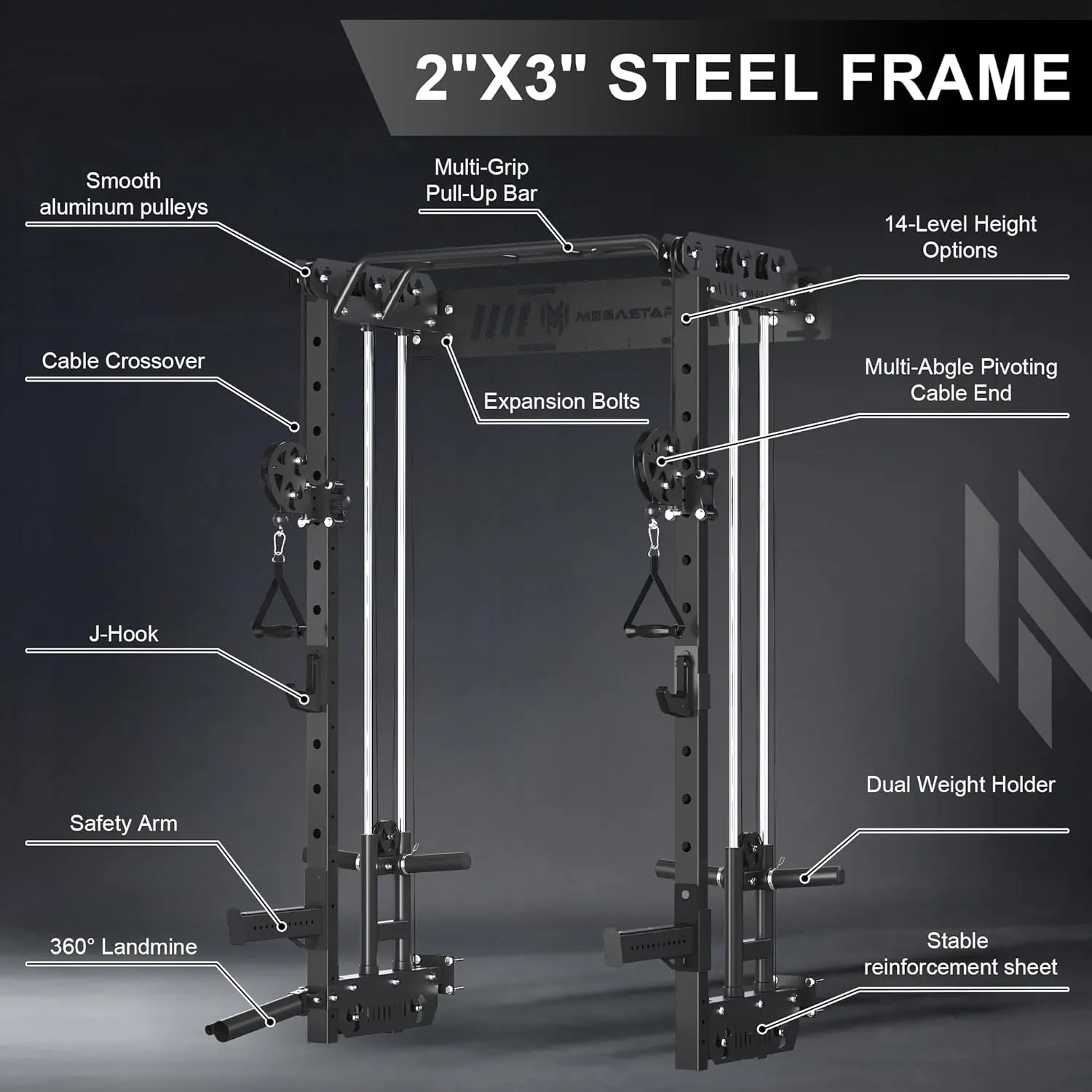 Wall Mounted Power Rack – 1600LB Capacity Compact Commercial Home Gym with Dual Cable Crossover, LAT Pulldown, Multi-Grip Pull-Up Bar & Landmine Attachment for Small Spaces, P67 Striker