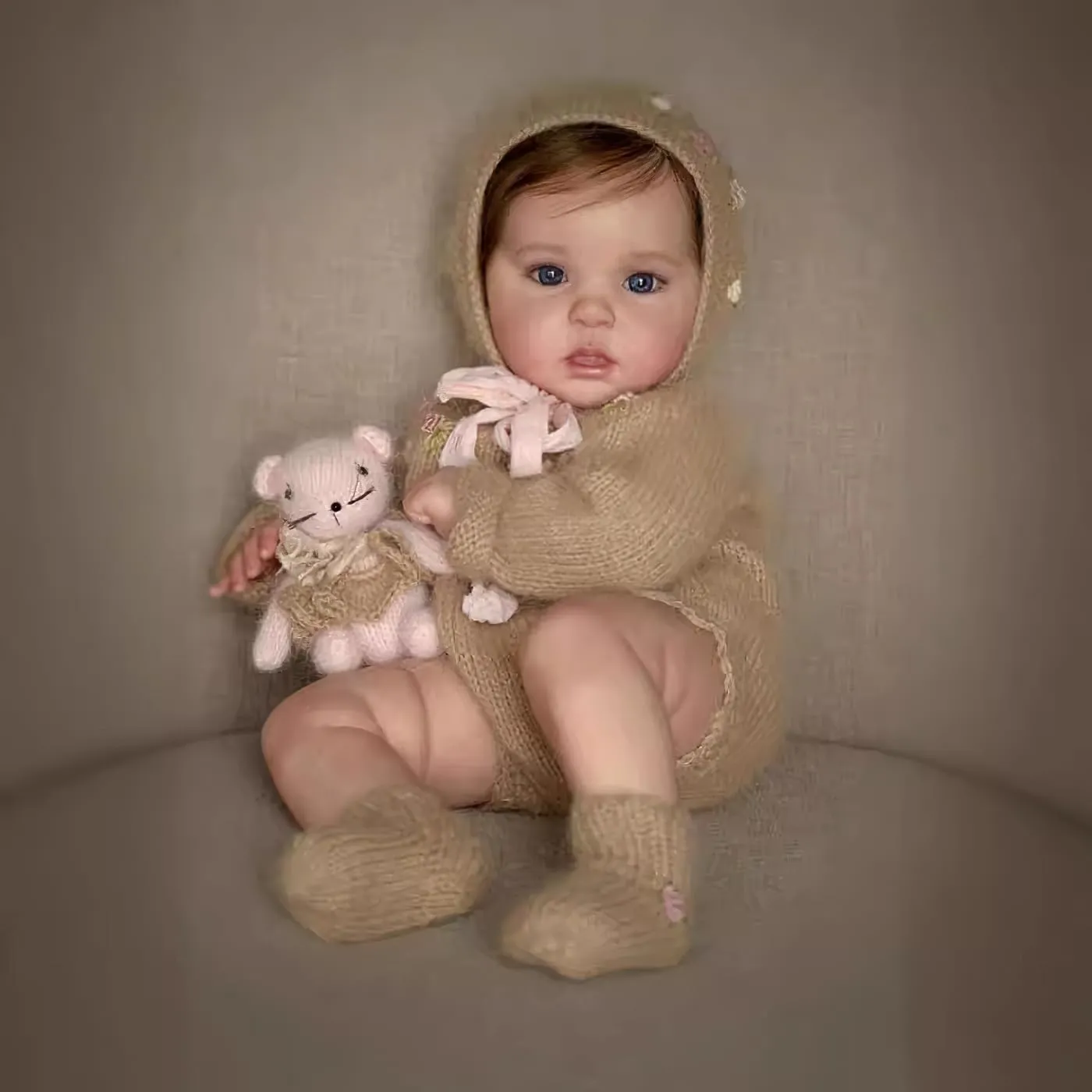 Wamdoll 19Inches Rooted Hair Adorable Lifelike Reborn Baby Doll in Soft Vinyl Realistic Newborn Girl Dolls in Brown Woolen Set Toys Gifts for Girls Ages 3 