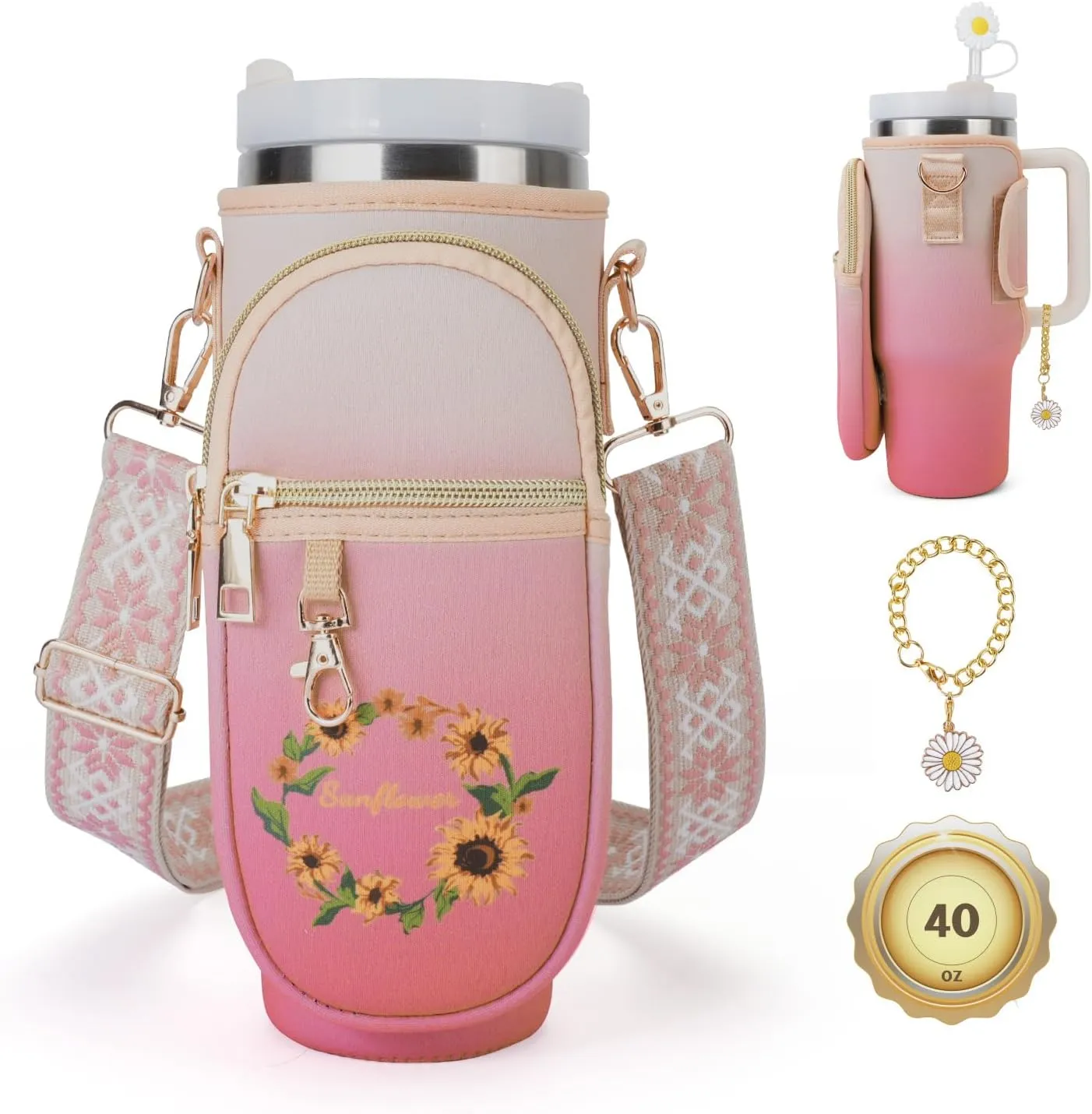 Water Bottle Carrier Bag, Crossbody Bag with Phone Pocket for Stanley 40oz,Tumbler Holder Pouch with Adjustable Shoulder Strap Cup Accessories for Hiking Camping Fishing Travelling