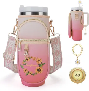Water Bottle Carrier Bag, Crossbody Bag with Phone Pocket for Stanley 40oz,Tumbler Holder Pouch with Adjustable Shoulder Strap Cup Accessories for Hiking Camping Fishing Travelling