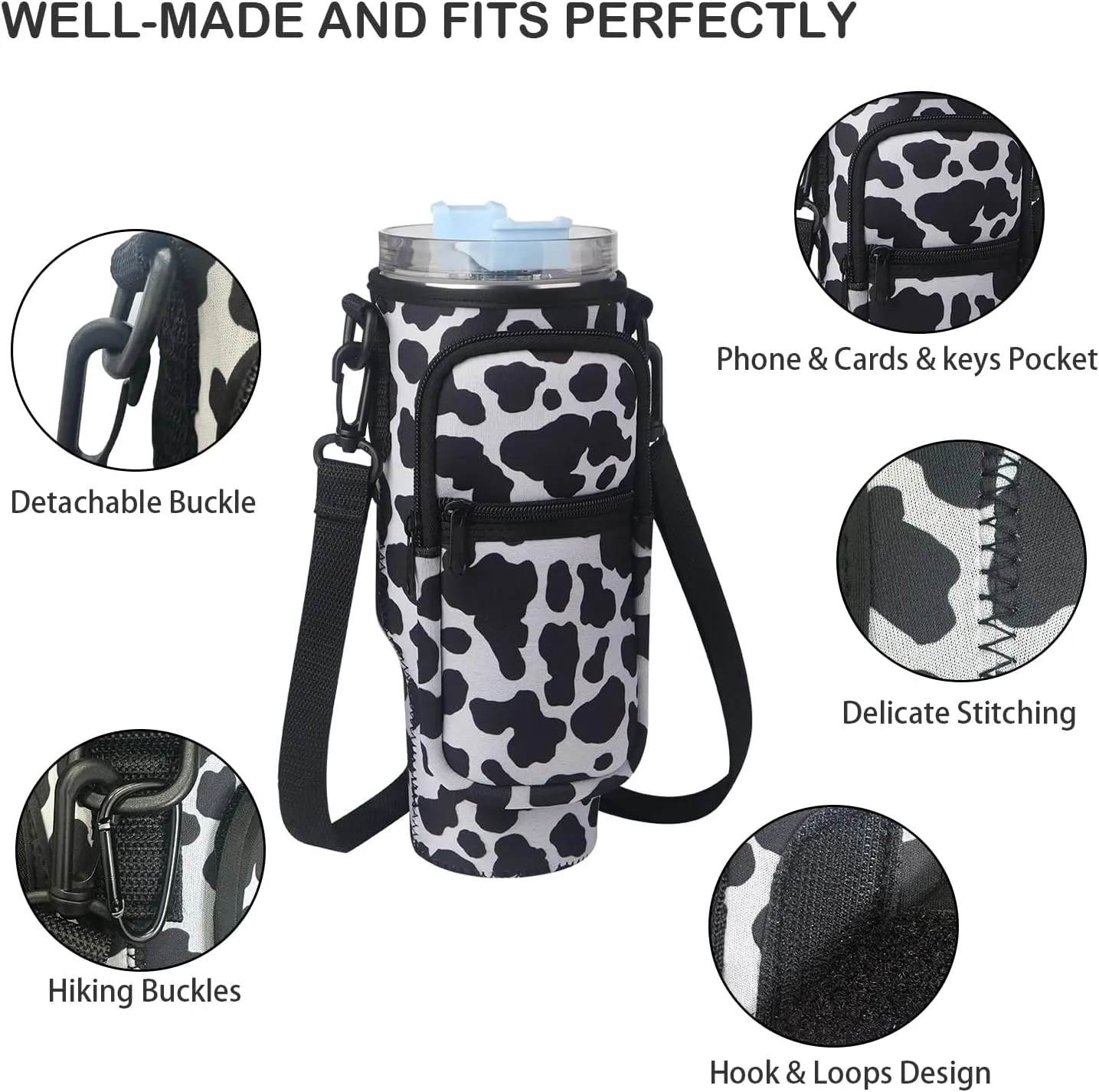 Water Bottle Carrier Bag with Phone Pocket for Stanley Quencher H2.0 & Adventure 40oz Tumbler, Adjustable Shoulder Hand Strap, Accessories for Walking Hiking Travelling Camping