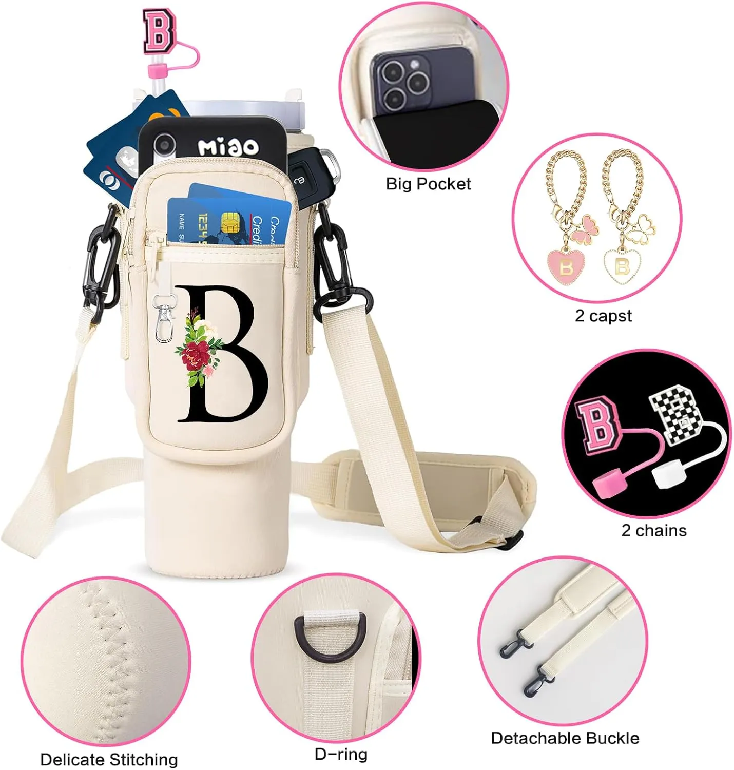 ﻿Water Bottle Carrier with Strap for Stanley 40/30 oz Tumbler - Water Bottle Carrier Bag with Straw Cover and Decorative Chains, Personalized Gifts with Floral for Women/Girls/Stanley Cup Fans