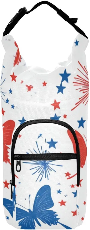 Water Bottle Holder with Strap 20/24/32/40oz Insulated Water Bottle Carrier Sling Bag Sleeve with Phone Pocket for Hiking Travelling Camping 4th Of July Blue Butterfly Stars