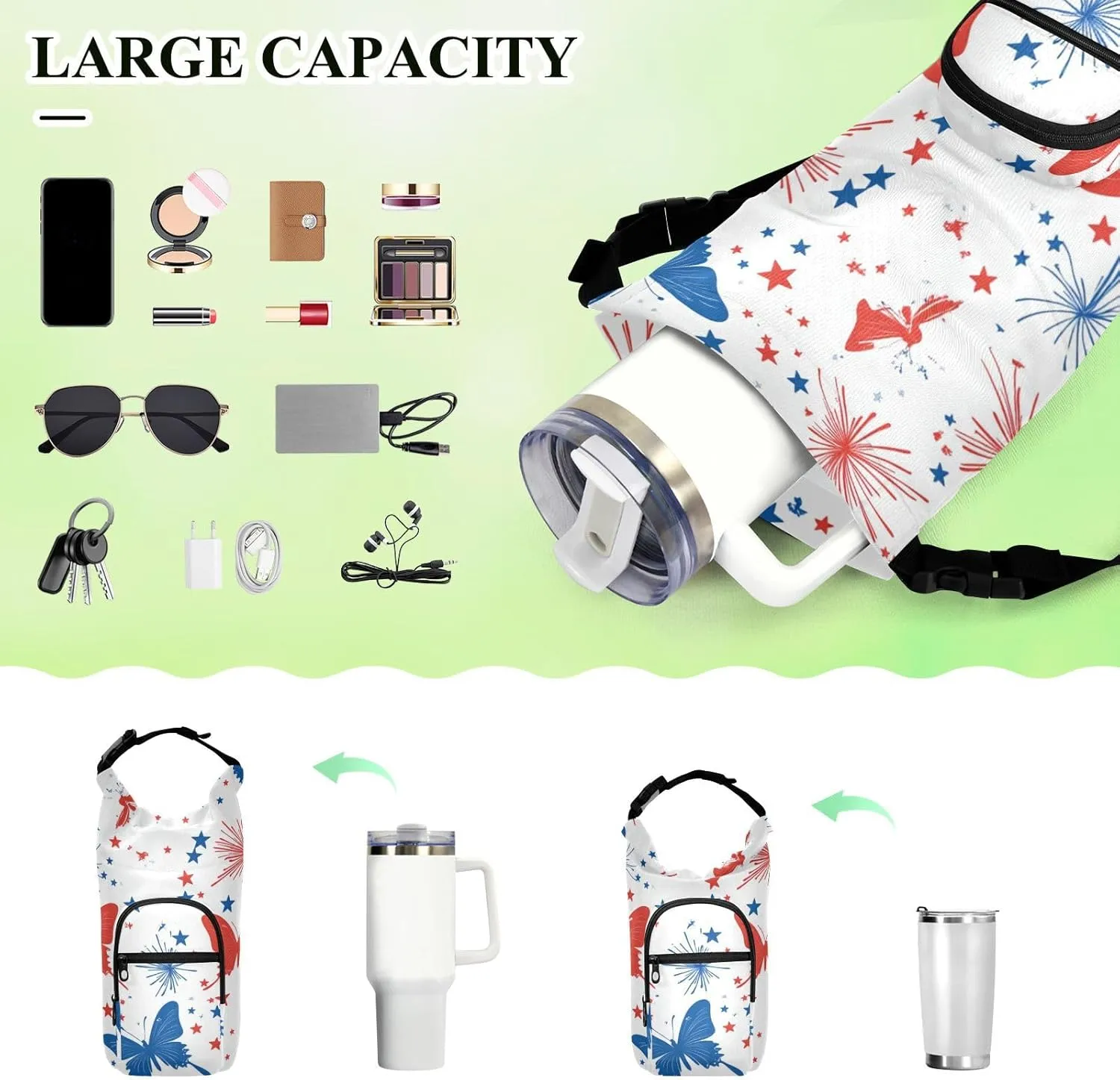 Water Bottle Holder with Strap 20/24/32/40oz Insulated Water Bottle Carrier Sling Bag Sleeve with Phone Pocket for Hiking Travelling Camping 4th Of July Blue Butterfly Stars