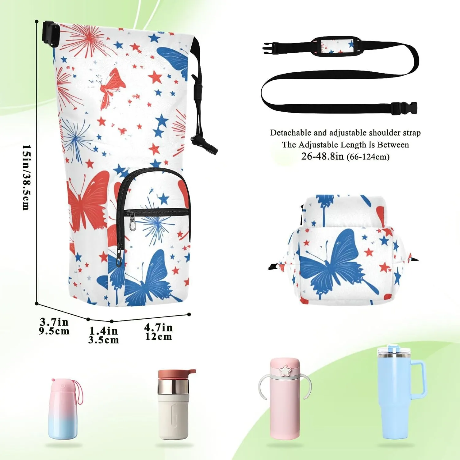Water Bottle Holder with Strap 20/24/32/40oz Insulated Water Bottle Carrier Sling Bag Sleeve with Phone Pocket for Hiking Travelling Camping 4th Of July Blue Butterfly Stars