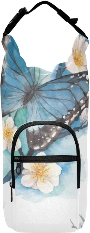 Water Bottle Holder with Strap 20/24/32/40oz Insulated Water Bottle Carrier Sling Bag Sleeve with Phone Pocket for Hiking Travelling Camping Blue Butterfly Floral