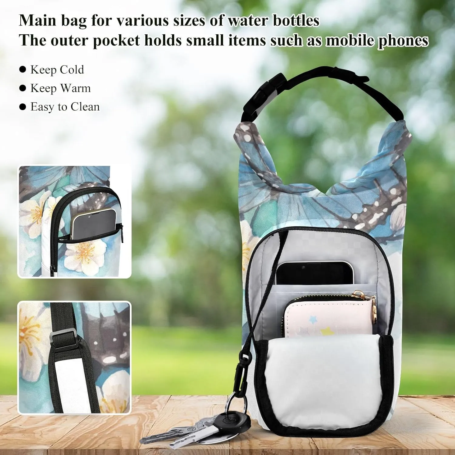 Water Bottle Holder with Strap 20/24/32/40oz Insulated Water Bottle Carrier Sling Bag Sleeve with Phone Pocket for Hiking Travelling Camping Blue Butterfly Floral