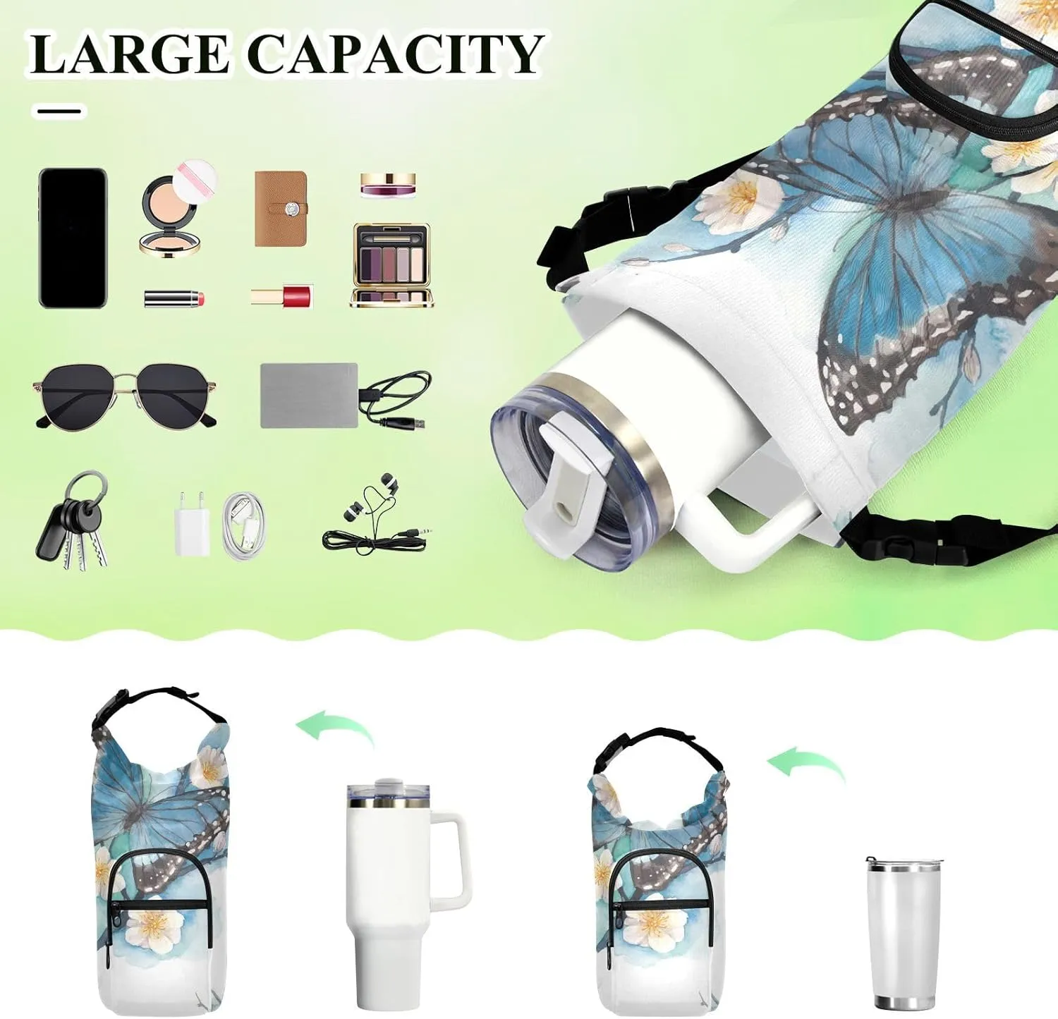 Water Bottle Holder with Strap 20/24/32/40oz Insulated Water Bottle Carrier Sling Bag Sleeve with Phone Pocket for Hiking Travelling Camping Blue Butterfly Floral