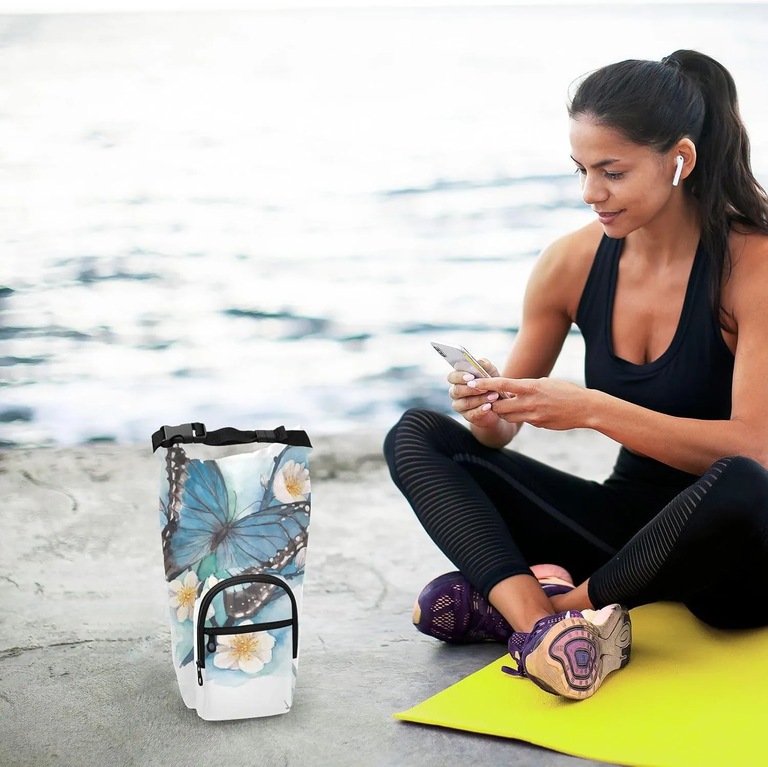 Water Bottle Holder with Strap 20/24/32/40oz Insulated Water Bottle Carrier Sling Bag Sleeve with Phone Pocket for Hiking Travelling Camping Blue Butterfly Floral
