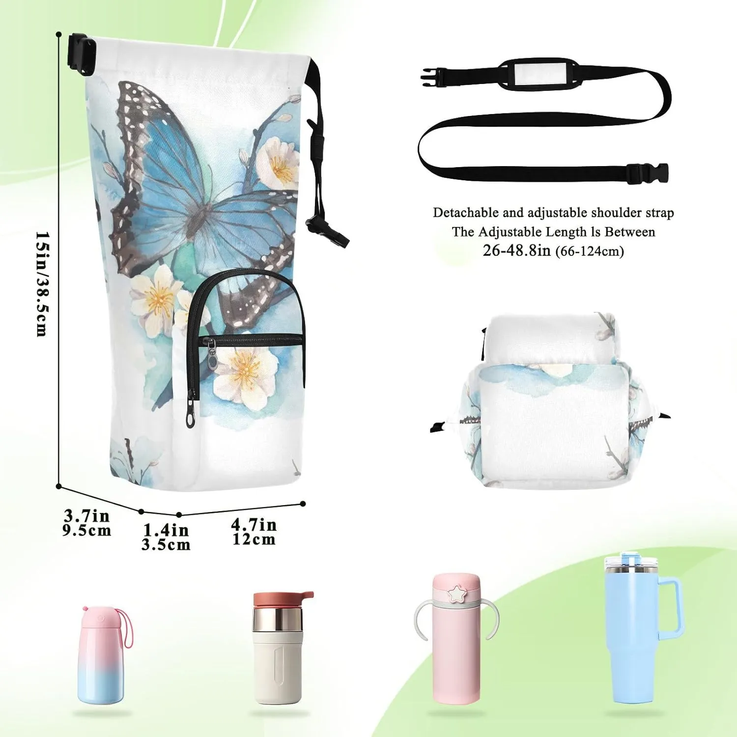 Water Bottle Holder with Strap 20/24/32/40oz Insulated Water Bottle Carrier Sling Bag Sleeve with Phone Pocket for Hiking Travelling Camping Blue Butterfly Floral