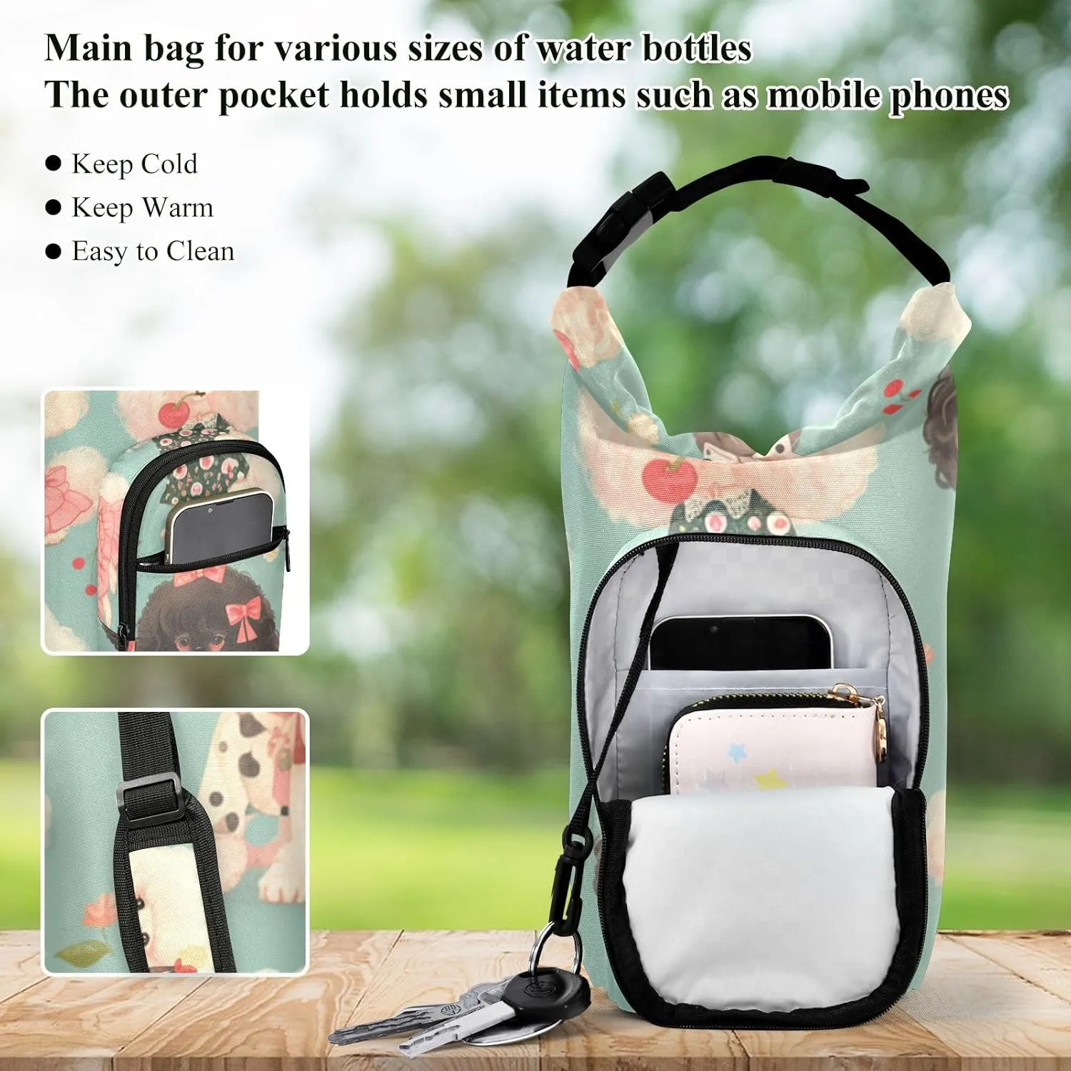 Water Bottle Holder with Strap 20/24/32/40oz Insulated Water Bottle Carrier Sling Bag Sleeve with Phone Pocket for Hiking Travelling Camping Poodle Change Cute Blue Retro