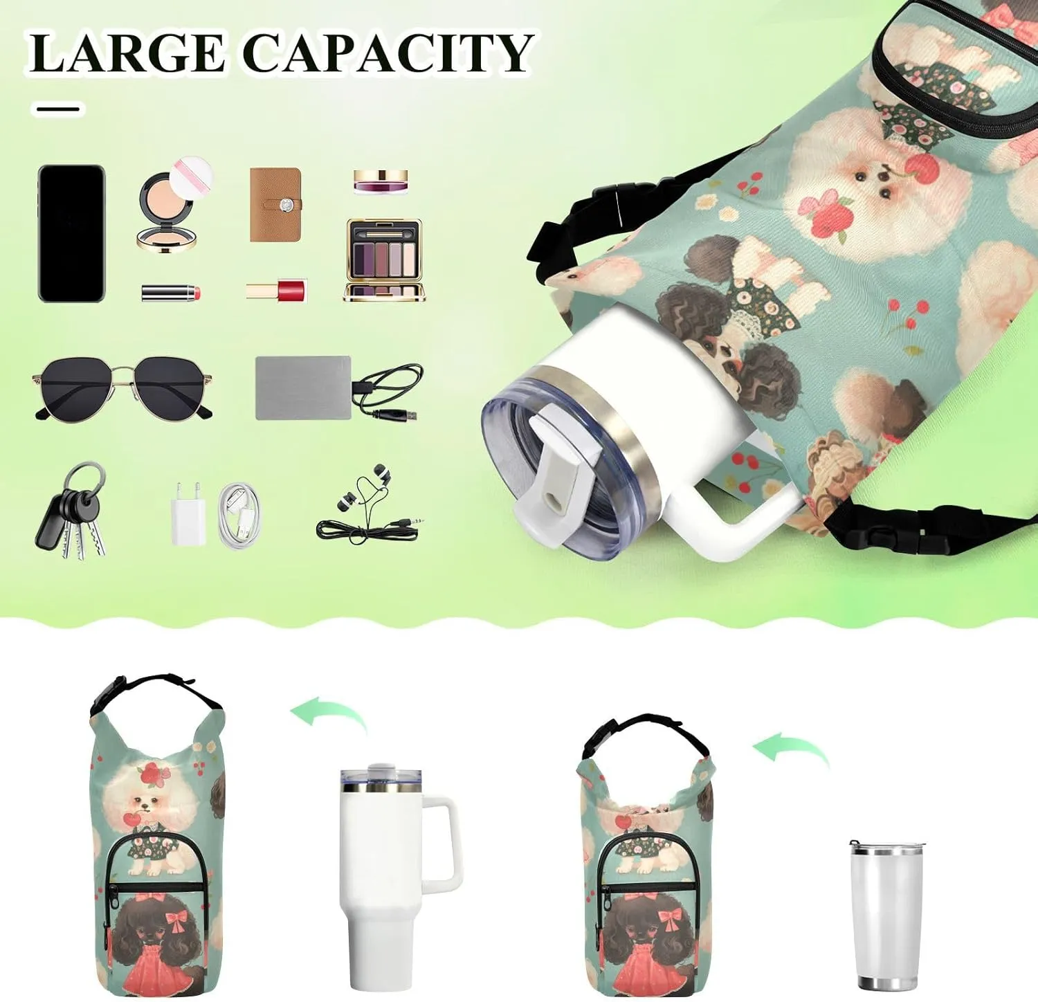 Water Bottle Holder with Strap 20/24/32/40oz Insulated Water Bottle Carrier Sling Bag Sleeve with Phone Pocket for Hiking Travelling Camping Poodle Change Cute Blue Retro