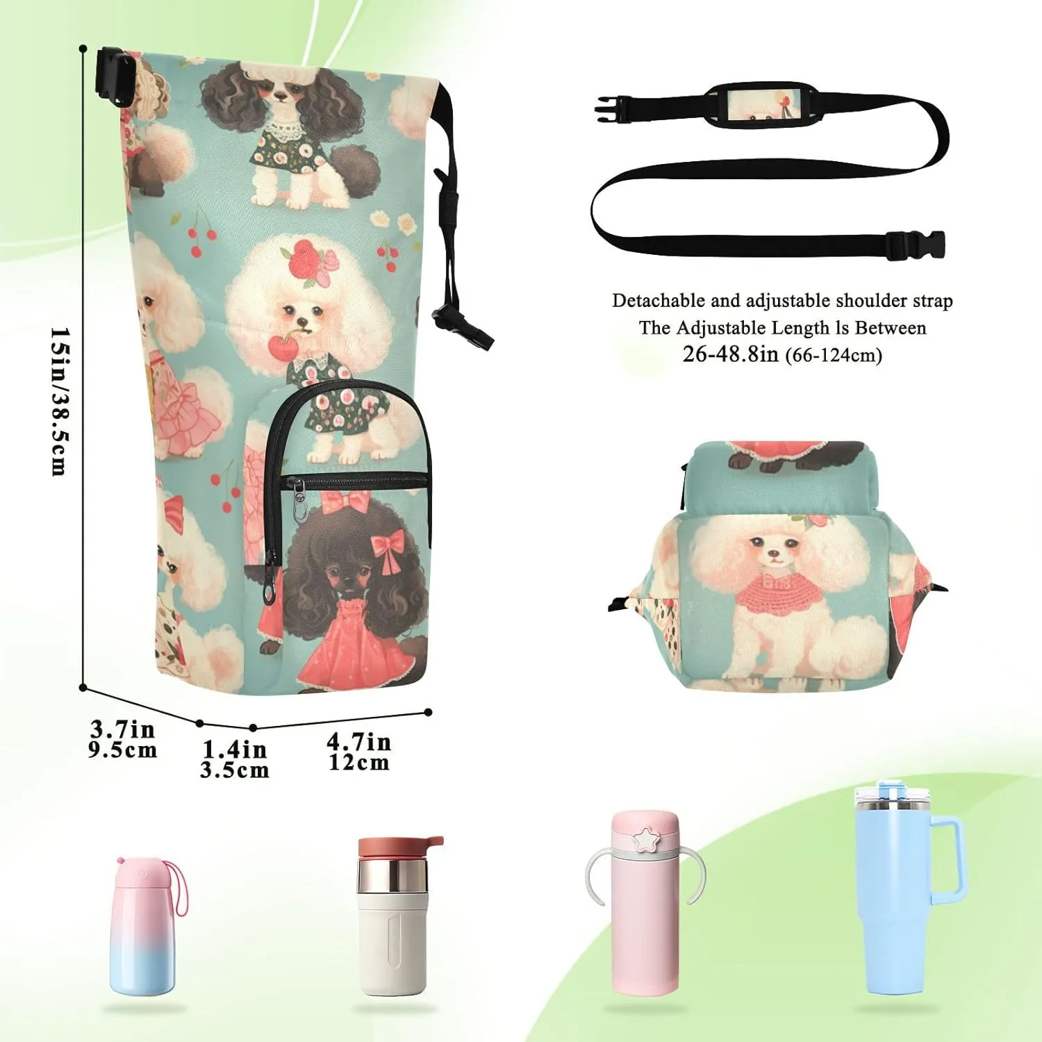 Water Bottle Holder with Strap 20/24/32/40oz Insulated Water Bottle Carrier Sling Bag Sleeve with Phone Pocket for Hiking Travelling Camping Poodle Change Cute Blue Retro