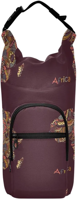 Water Bottle Sling Sleeve Bag, Bottle Carrier Holder Case Cover with Removable Strap Travel Mug Cup Storage with Pockets Print Tribal Enthic Map of Africa Vintage Retro Style