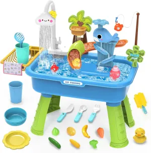 Water Table for Toddlers 1-3 with Electric Water Pump, Sand and Water Table for Kids Ages 4-8 Play Sink with Running Water & Electric Faucet, Role Play Sensory Toys 21.26''L x 11.42''W x 20.87''H