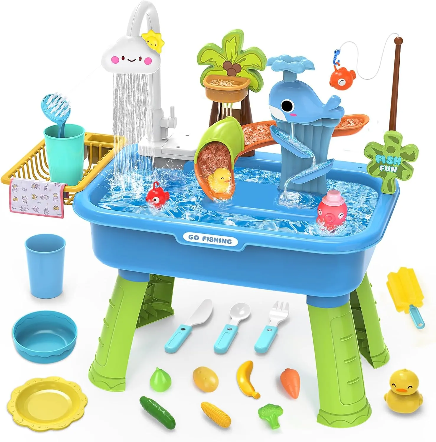 Water Table for Toddlers 1-3 with Electric Water Pump, Sand and Water Table for Kids Ages 4-8 Play Sink with Running Water & Electric Faucet, Role Play Sensory Toys 21.26''L x 11.42''W x 20.87''H