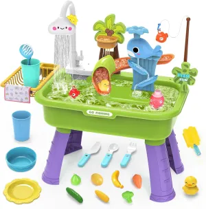 Water Table for Toddlers 1-3，Water Table with Pump，Toy Kitchen Sets for Kids Ages 4-8, Play Sink with Running Water & Electric Water Pump，Includes Play Vegetables, Tableware & Fishing Game (Green)