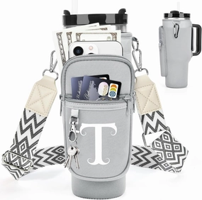 Water Bottle Holder with Adjustable Strap for Stanley Cup 40 oz Tumbler with Handle, Personalized Initial Gifts, Water Bottle Carrier Bag with Phone Pocket for Stanley Cup Accessories