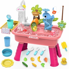 Water Table for Toddlers 1-3，Water table with pump，Toy Kitchen Sets for kids ages 4-8, Play Sink with Running Water & Electric Faucet，Includes Play Vegetables, Tableware & Fishing Game (Pink)