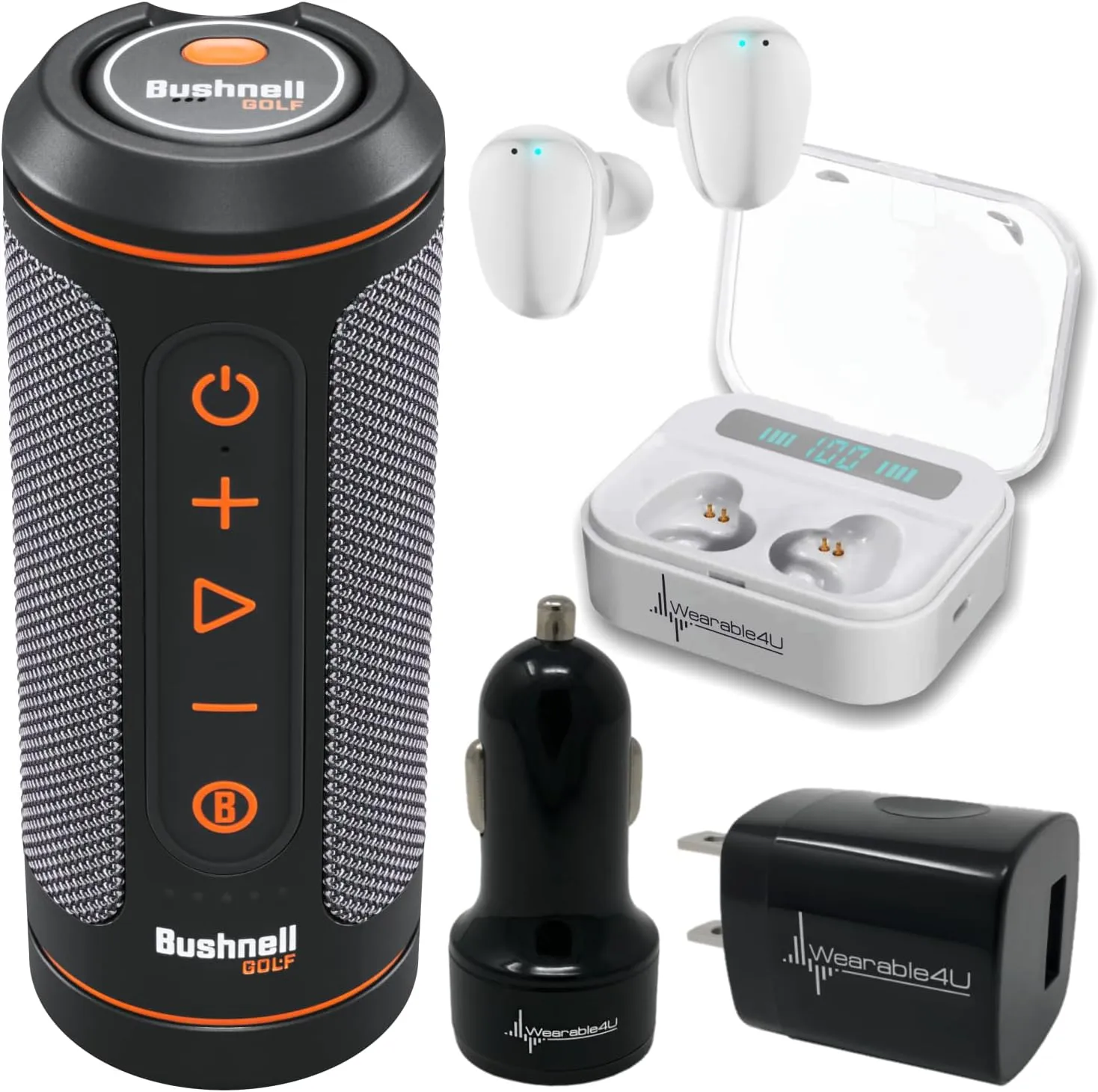 Wearable4U - Bushnell Wingman 2 GPS Golf Speaker with White Earbuds - Wall/Car Adapters Bundle