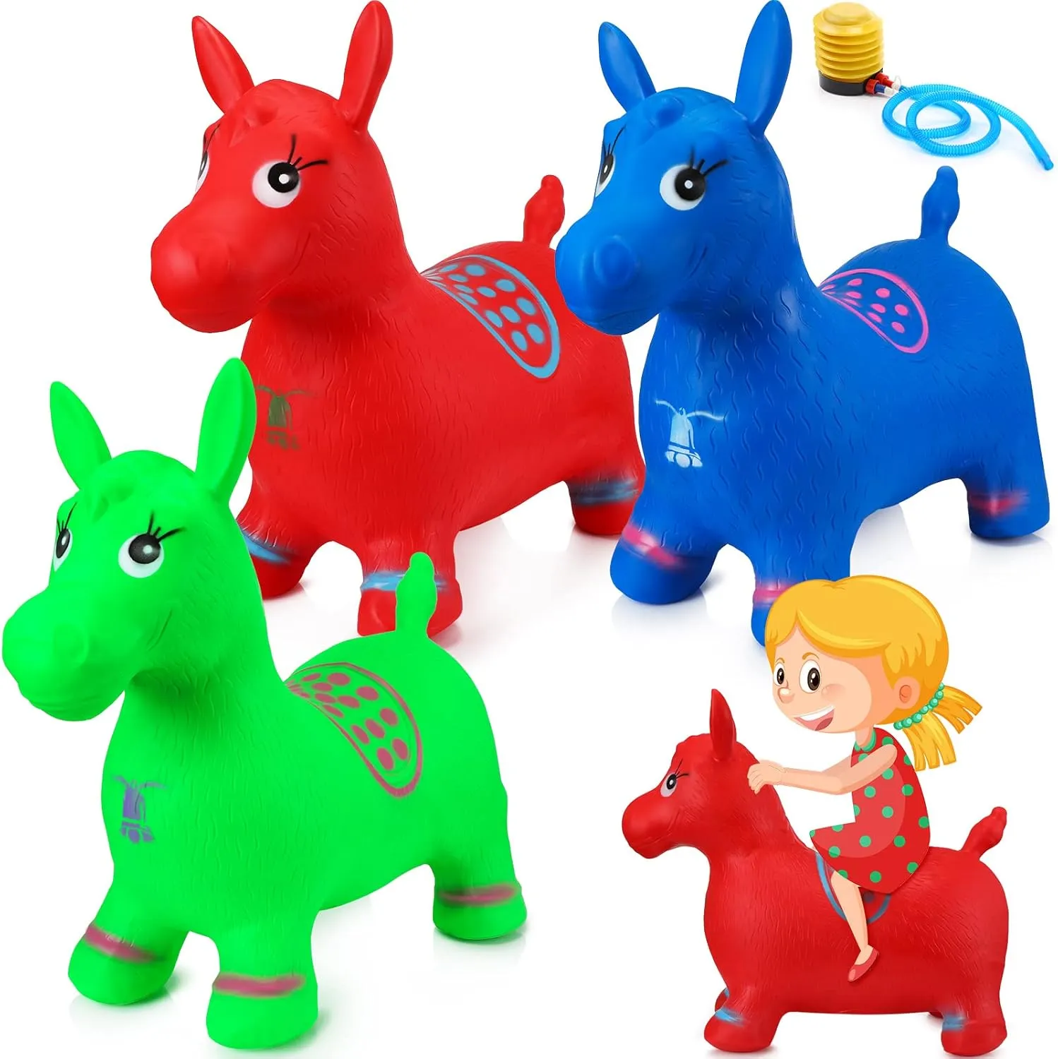 Wettarn 3 Pcs Inflatable Bouncy Toy Bouncy Jumping Horse Hopper Jumping Riding Animals Blue Green Red Ride on Hopping Toy for Boys Girls Toddlers Kids Children Birthday Gift, Pump Included