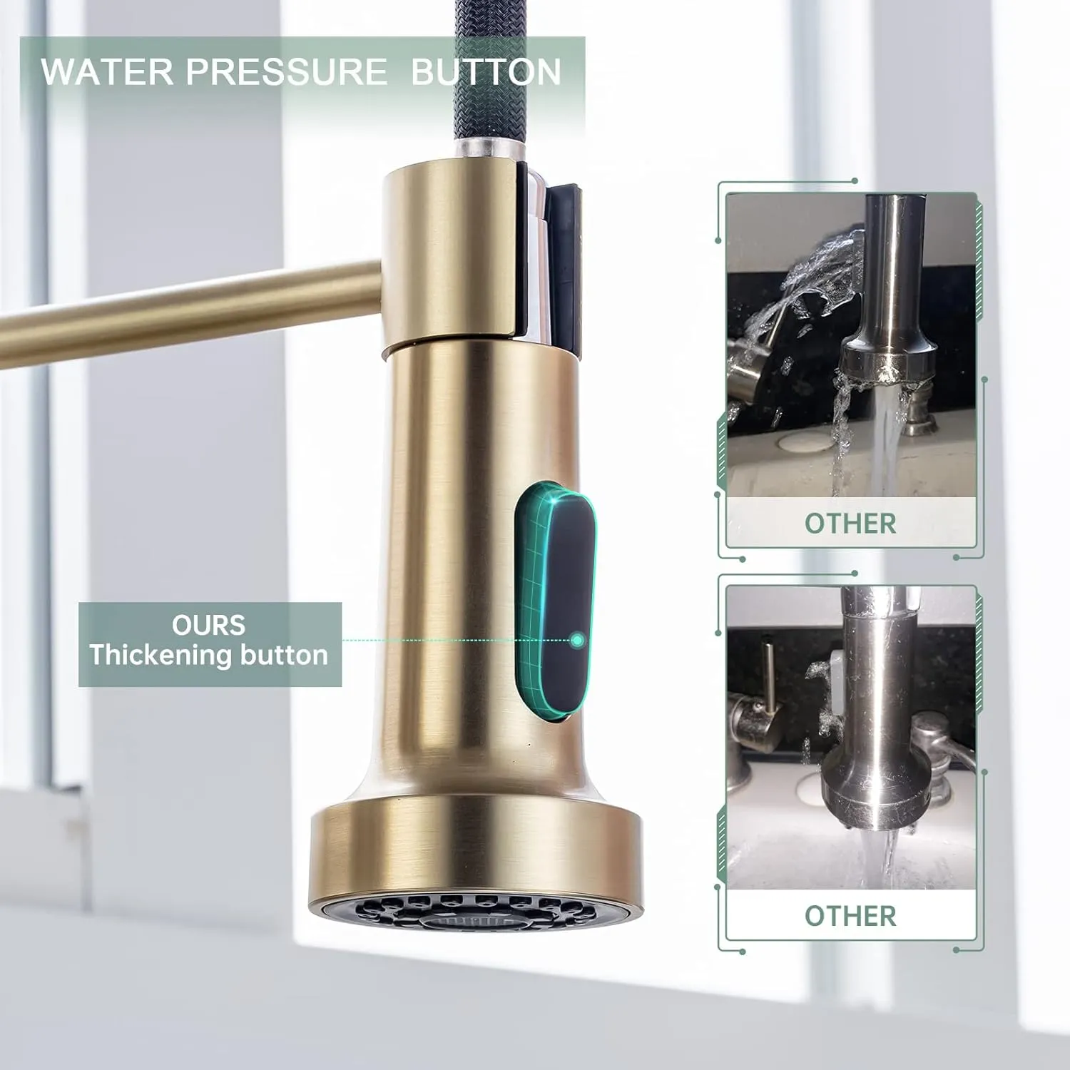 WEWE Brushed Gold Kitchen Faucet with Pull Down Sprayer, RV Brass Kitchen Faucet Stainless Steel Single Handle Spring Faucet with Deck Plate for Farmhouse Utility bar Laundry Sinks