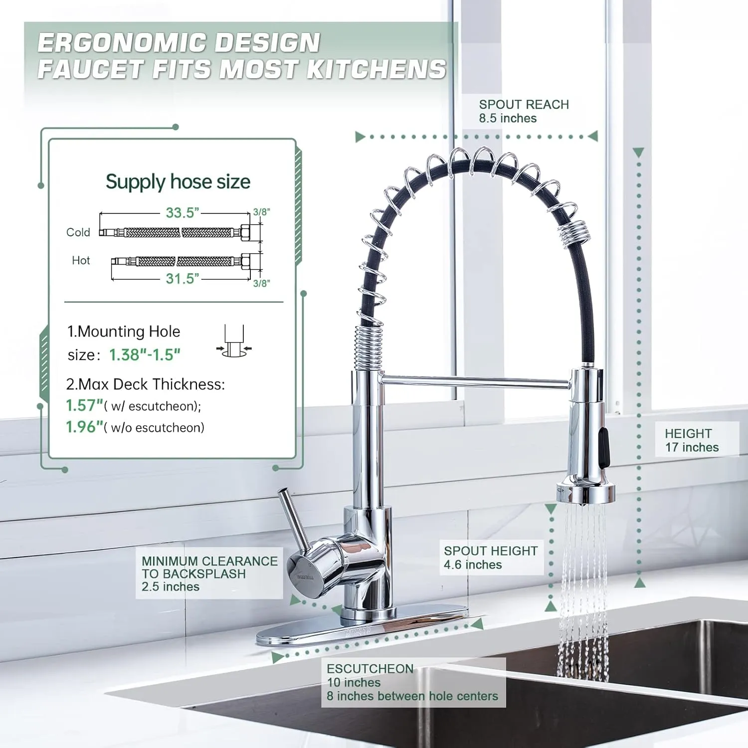 WEWE Chrome Kitchen Faucet, Faucet for Kitchen Sink with Pull Down Sprayer Kitchen Faucet with Deck Plate Stainless Steel Single Handle Spring for Farmhouse Utility Bar Laundry Sinks