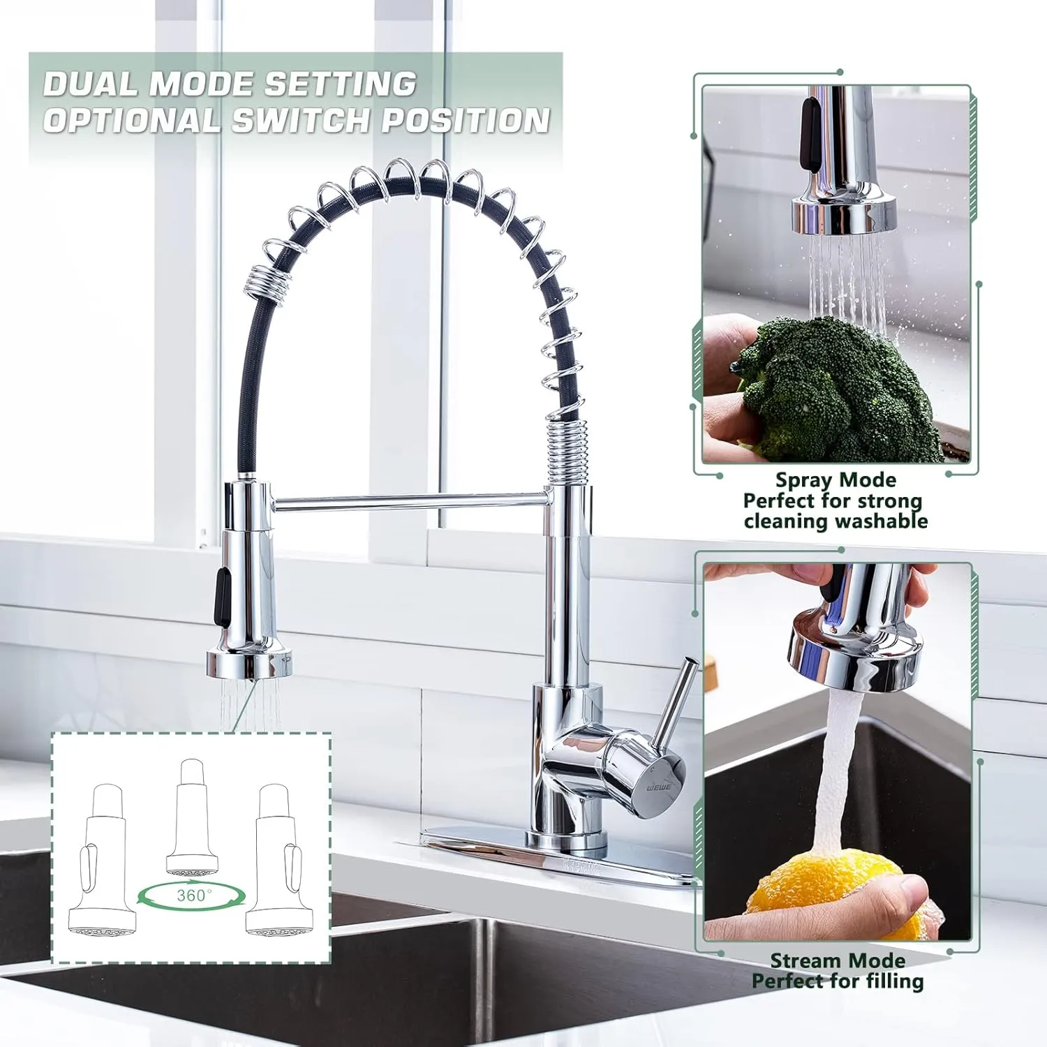 WEWE Chrome Kitchen Faucet, Faucet for Kitchen Sink with Pull Down Sprayer Kitchen Faucet with Deck Plate Stainless Steel Single Handle Spring for Farmhouse Utility Bar Laundry Sinks