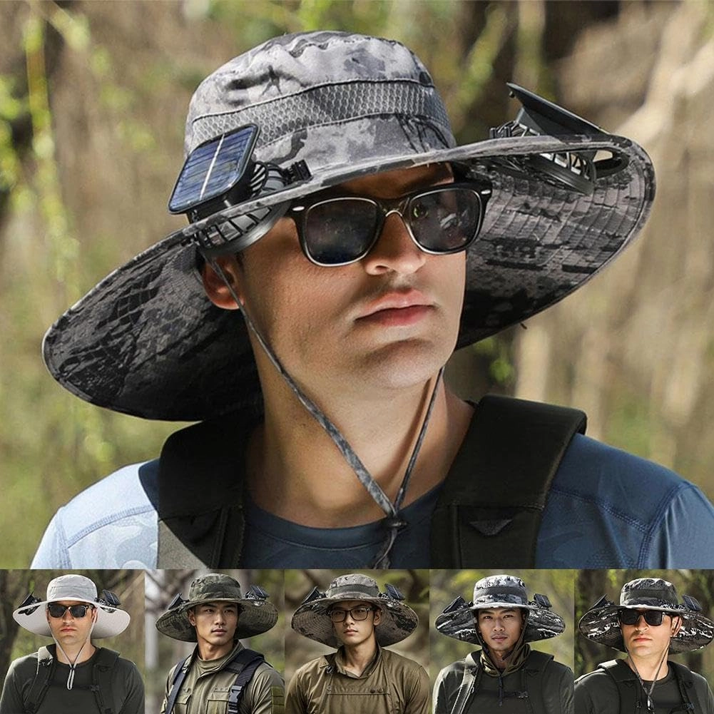 Wide Brim Solar Fan Outdoor Fishing Hat, 2024 New Solar&USB Charging Men Sun Hat With 2 Solar Fan UPF 50  Solar Fan Hat