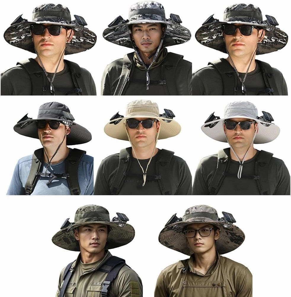 Wide Brim Solar Fan Outdoor Fishing Hat, 2024 New Solar&USB Charging Men Sun Hat With 2 Solar Fan UPF 50  Solar Fan Hat