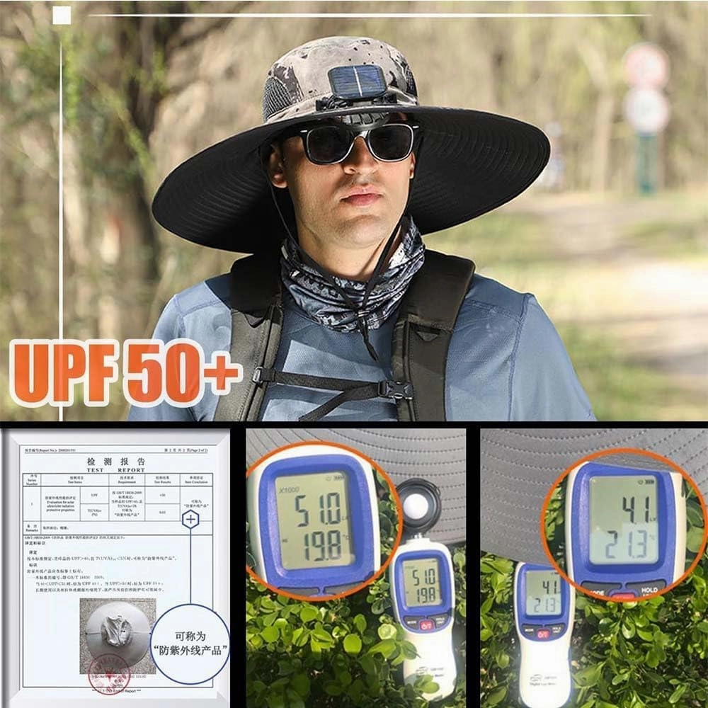 Wide Brim Solar Fan Outdoor Fishing Hat-Solar & USB Charging, Solar Fan Hat Hat with Fan Built in