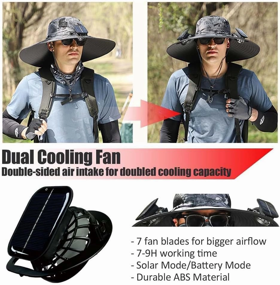Wide Brim Solar Fan Outdoor Fishing Hat-Solar & USB Charging, Solar Fan Hat Hat with Fan Built in