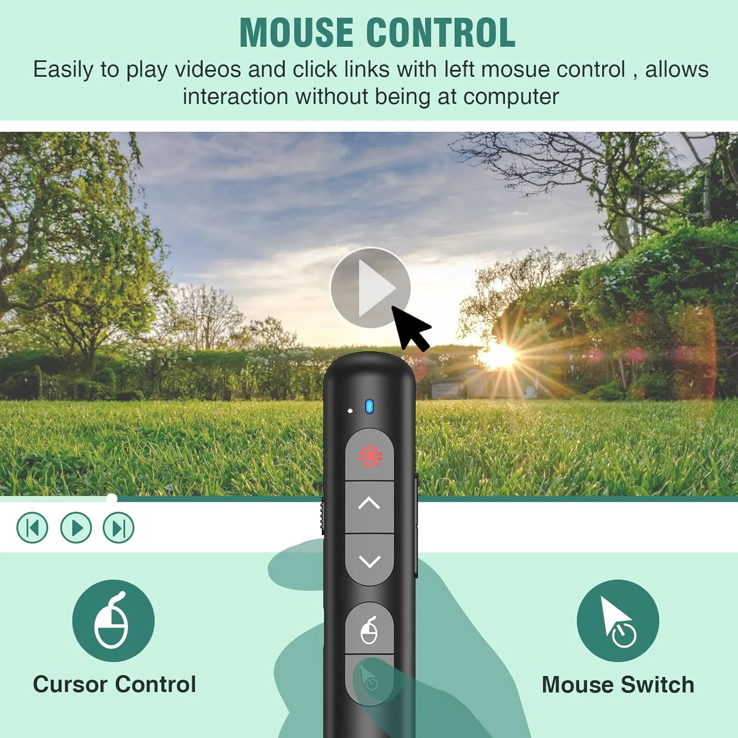 Wireless Presentation Clicker with Air Mouse Function - Rechargeable RF 2.4GHz USB Slide Clicker for Powerpoint, Mac, Laptop, Computer
