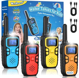 Wishouse Walkie Talkies for Kids Rechargeable Long Range,Xmas Birthday Gift for 4 5 6 7 8 9 Year Old Boys Girls,Hiking Gear Camping Games Cool Toys with NOAA,SOS Siren,Lamp,Lanyards,Easy to Use,4 Pack
