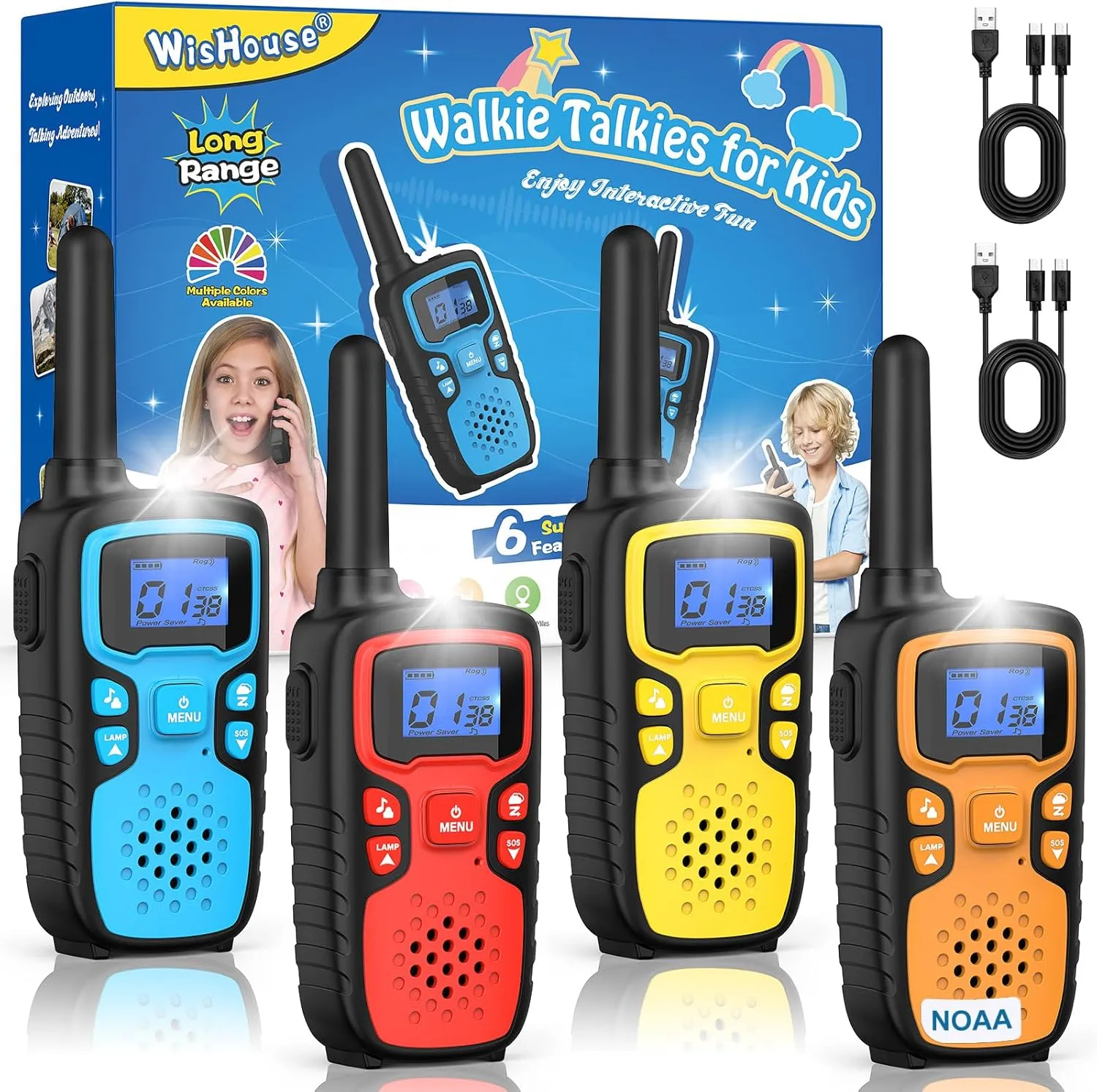 Wishouse Walkie Talkies for Kids Rechargeable Long Range,Xmas Birthday Gift for 4 5 6 7 8 9 Year Old Boys Girls,Hiking Gear Camping Games Cool Toys with NOAA,SOS Siren,Lamp,Lanyards,Easy to Use,4 Pack