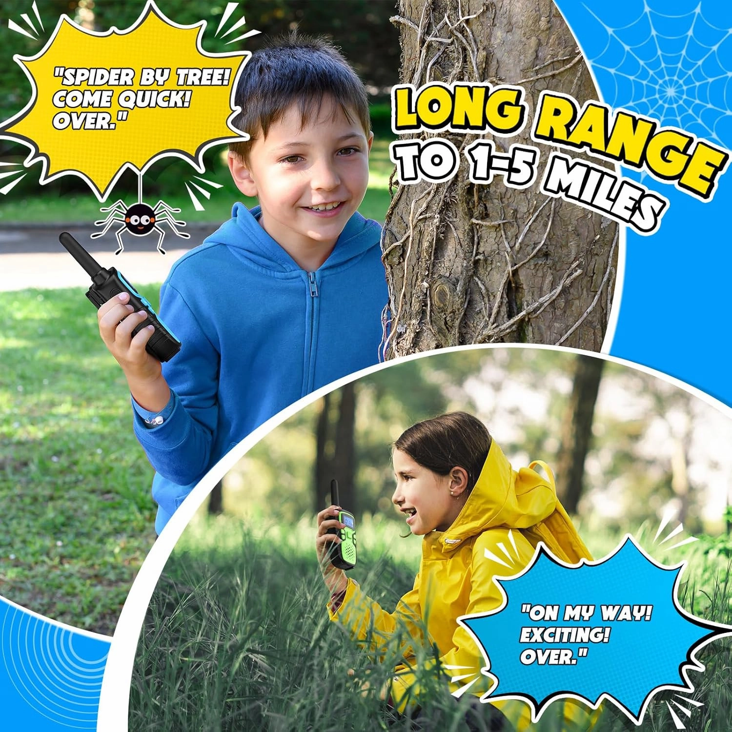 Wishouse Walkie Talkies for Kids Rechargeable Long Range,Xmas Birthday Gift for 4 5 6 7 8 9 Year Old Boy Girl,Hiking Gear Camping Games Cool Toys with NOAA,SOS Siren,Lamp,Lanyards,2 Pack Yellow Green