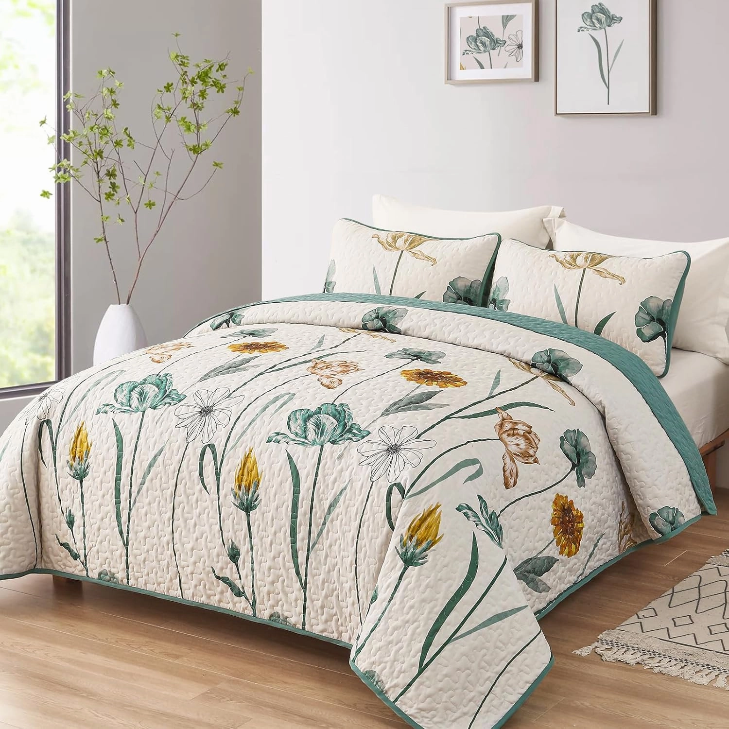 WONGS BEDDING Floral Quilt Set King,Green Yellow Printed Botanical Bedspread Bedding Set with 2 Pillowcase,Lightweight Spring Farmhouse Coverlet Set for All Season (104"x90")